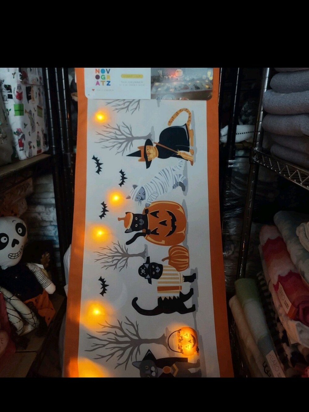 Lighted Cat Costume Pumpkin Table Runner Halloween Autumn Tree Cats Scene Decor
